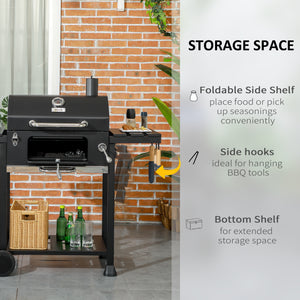 Charcoal Barbecue Grill Trolley with Adjustable Charcoal Pan, Galvanised Steel Smoker BBQ Grill with Storage Shelves, Lid, Themometer, Bottle Opener and Wheels, Black