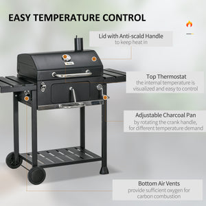 Charcoal Barbecue Grill Trolley with Adjustable Charcoal Pan, Galvanised Steel Smoker BBQ Grill with Storage Shelves, Lid, Themometer, Bottle Opener and Wheels, Black