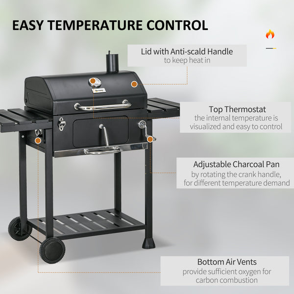 Charcoal Barbecue Grill Trolley with Adjustable Charcoal Pan, Galvanised Steel Smoker BBQ Grill with Storage Shelves, Lid, Themometer, Bottle Opener and Wheels, Black