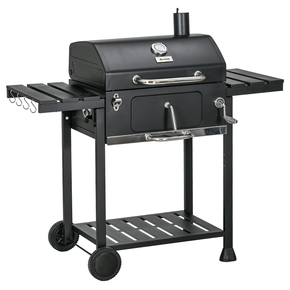 Charcoal Barbecue Grill Trolley with Adjustable Charcoal Pan, Galvanised Steel Smoker BBQ Grill with Storage Shelves, Lid, Themometer, Bottle Opener and Wheels, Black