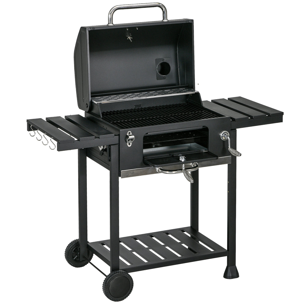 Charcoal Barbecue Grill Trolley with Adjustable Charcoal Pan, Galvanised Steel Smoker BBQ Grill with Storage Shelves, Lid, Themometer, Bottle Opener and Wheels, Black