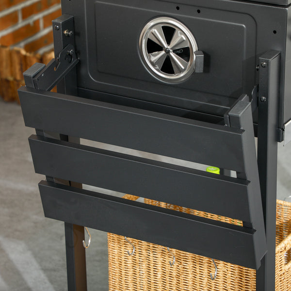 Charcoal Barbecue Grill Trolley with Adjustable Charcoal Pan, Galvanised Steel Smoker BBQ Grill with Storage Shelves, Lid, Themometer, Bottle Opener and Wheels, Black