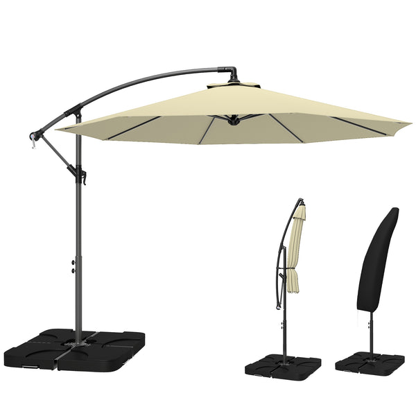 3 m Cantilever Parasol with Umbrella Weights, Cross Base, Offset Outdoor Umbrella with Protective Cover, Crank Handle, Hanging Sun Shade, Sand