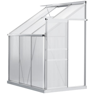 Outsunny 6' x 4' Aluminum Lean-to Greenhouse Polycarbonate Walk-in Garden Greenhouse with Adjustable Roof Vent, Rain Gutter and Sliding Door for Winter, Clear