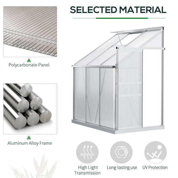 6 x 4ft Lean to Wall Polycarbonate Greenhouse Aluminium Walk-in Garden Greenhouse with Adjustable Roof Vent, Rain Gutter and Sliding Door, Clear