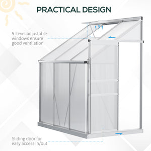 6 x 4ft Lean to Wall Polycarbonate Greenhouse Aluminium Walk-in Garden Greenhouse with Adjustable Roof Vent, Rain Gutter and Sliding Door, Clear