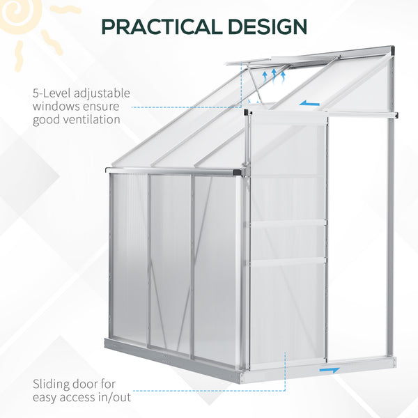 6 x 4ft Lean to Wall Polycarbonate Greenhouse Aluminium Walk-in Garden Greenhouse with Adjustable Roof Vent, Rain Gutter and Sliding Door, Clear