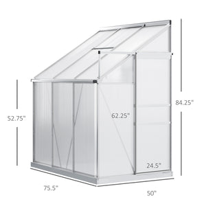 Outsunny 6' x 4' Aluminum Lean-to Greenhouse Polycarbonate Walk-in Garden Greenhouse with Adjustable Roof Vent, Rain Gutter and Sliding Door for Winter, Clear