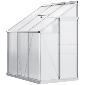 Outsunny 6' x 4' Aluminum Lean-to Greenhouse Polycarbonate Walk-in Garden Greenhouse with Adjustable Roof Vent, Rain Gutter and Sliding Door for Winter, Clear