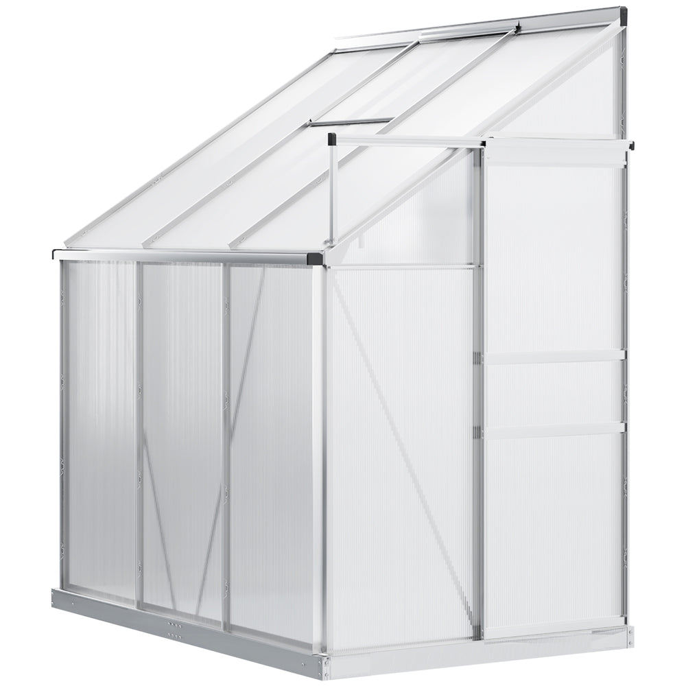 6 x 4ft Lean to Wall Polycarbonate Greenhouse Aluminium Walk-in Garden Greenhouse with Adjustable Roof Vent, Rain Gutter and Sliding Door, Clear