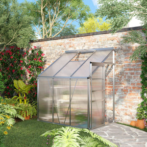 6 x 4ft Lean to Wall Polycarbonate Greenhouse Aluminium Walk-in Garden Greenhouse with Adjustable Roof Vent, Rain Gutter and Sliding Door, Clear