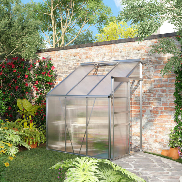 6 x 4ft Lean to Wall Polycarbonate Greenhouse Aluminium Walk-in Garden Greenhouse with Adjustable Roof Vent, Rain Gutter and Sliding Door, Clear