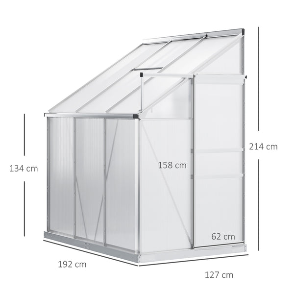 6 x 4ft Lean to Wall Polycarbonate Greenhouse Aluminium Walk-in Garden Greenhouse with Adjustable Roof Vent, Rain Gutter and Sliding Door, Clear
