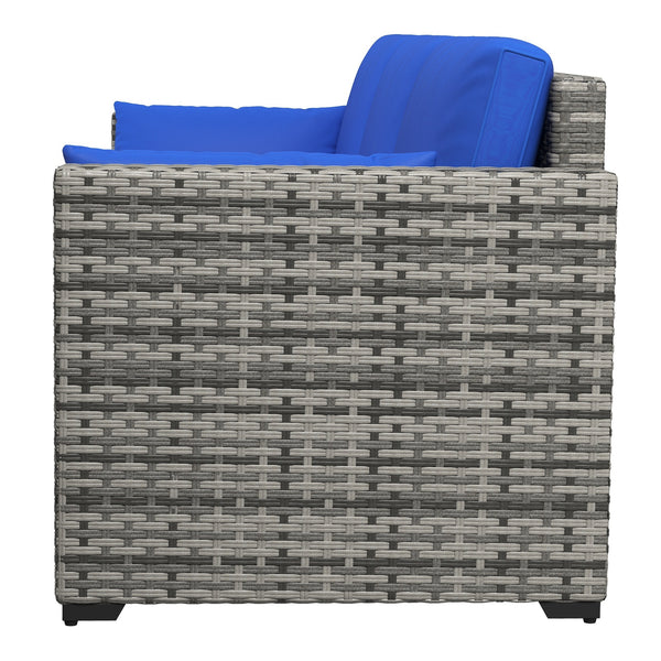 Three-Seater Outdoor Sofa with Cushions, PE Rattan Conversation Patio Wicker Couch Furniture with Pillows for Garden, Poolside, Deck, Balcony, Backyard, Blue