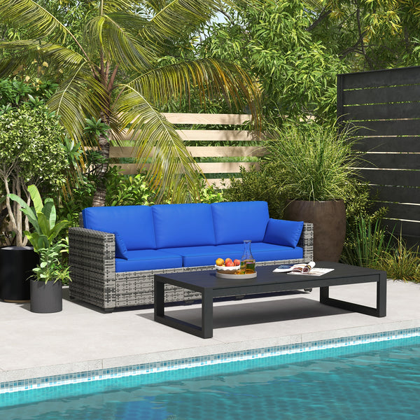 Three-Seater Outdoor Sofa with Cushions, PE Rattan Conversation Patio Wicker Couch Furniture with Pillows for Garden, Poolside, Deck, Balcony, Backyard, Blue