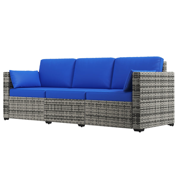 Three-Seater Outdoor Sofa with Cushions, PE Rattan Conversation Patio Wicker Couch Furniture with Pillows for Garden, Poolside, Deck, Balcony, Backyard, Blue