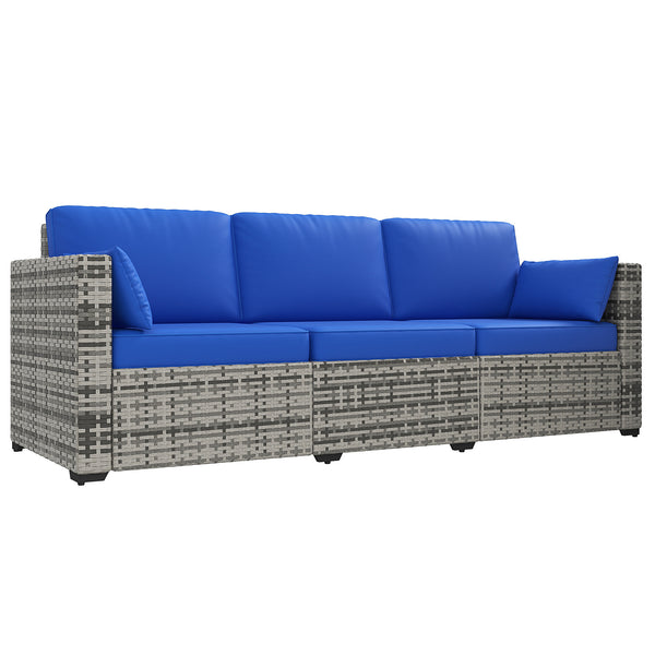 Three-Seater Outdoor Sofa with Cushions, PE Rattan Conversation Patio Wicker Couch Furniture with Pillows for Garden, Poolside, Deck, Balcony, Backyard, Blue