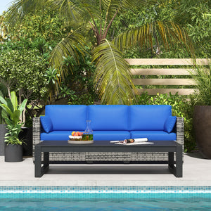 Three-Seater Outdoor Sofa with Cushions, PE Rattan Conversation Patio Wicker Couch Furniture with Pillows for Garden, Poolside, Deck, Balcony, Backyard, Blue