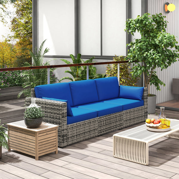 Three-Seater Outdoor Sofa with Cushions, PE Rattan Conversation Patio Wicker Couch Furniture with Pillows for Garden, Poolside, Deck, Balcony, Backyard, Blue