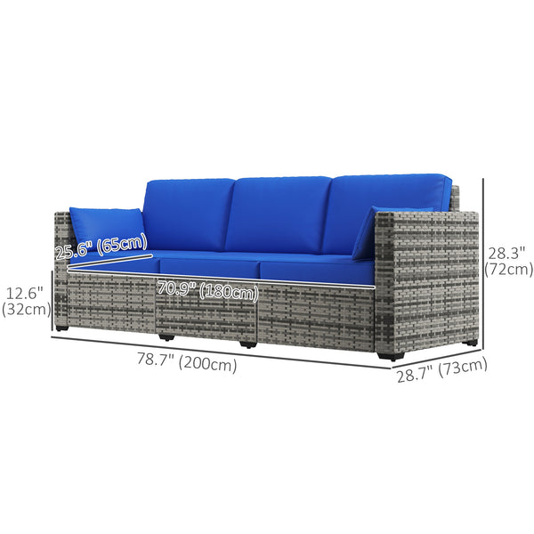 Three-Seater Outdoor Sofa with Cushions, PE Rattan Conversation Patio Wicker Couch Furniture with Pillows for Garden, Poolside, Deck, Balcony, Backyard, Blue