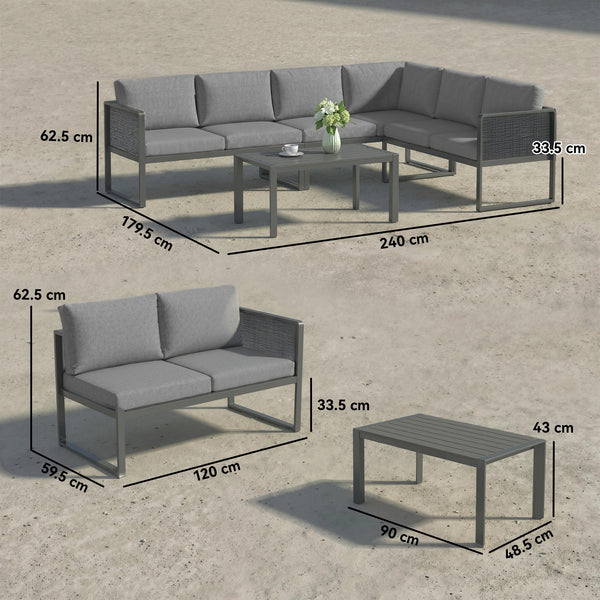 6 Seater Metal Garden Furniture Set, Corner Garden Sofa Set with 3 Texteline Loveseats, Faux Wood Top Coffee Table, L-Shape Outdoor Conversation Furniture with Cushions, Dark Grey