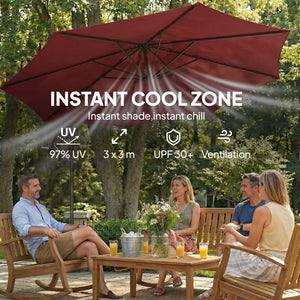 3(m) Garden Banana Parasol Hanging Cantilever Umbrella with Crank Handle, 8 Ribs and Cross Base for Outdoor, Sun Shade, Wine Red