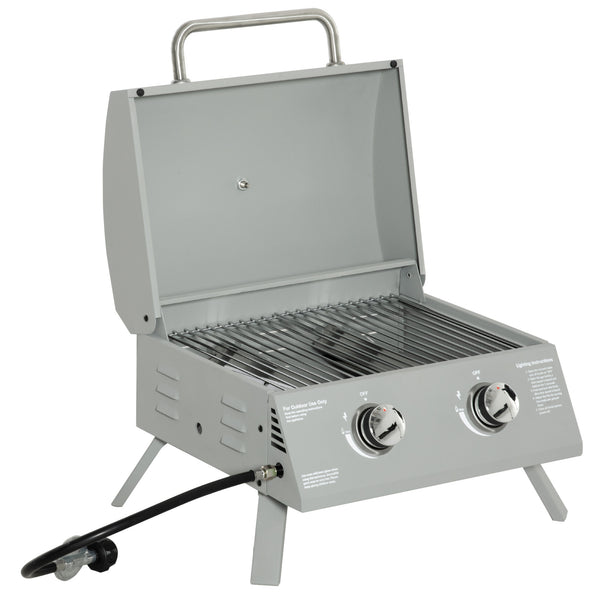 2 Burner Propane Gas Grill, Outdoor Portable Tabletop BBQ with Foldable Legs, 10000 Each Burner, Lid, for Camping, Picnic, Backyard, Silver