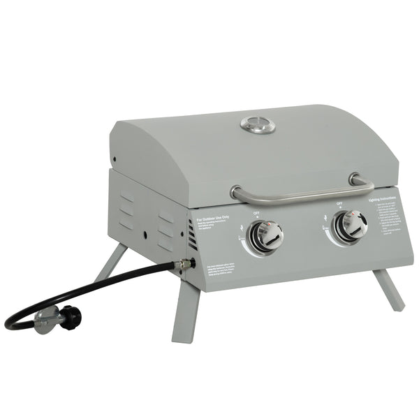 2 Burner Propane Gas Grill, Outdoor Portable Tabletop BBQ with Foldable Legs, 10000 Each Burner, Lid, for Camping, Picnic, Backyard, Silver