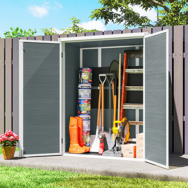 4.4' x 2.3' Plastic Garden Shed, Wood-Effect Outdoor Storage Shed with Floor, 2 Foldable Shelves and Lockable Double Doors for Backyard, Patio, Distressed Grey