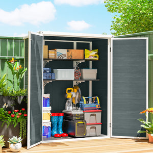 4.4' x 2.3' Plastic Garden Shed, Wood-Effect Outdoor Storage Shed with Floor, 2 Foldable Shelves and Lockable Double Doors for Backyard, Patio, Distressed Grey