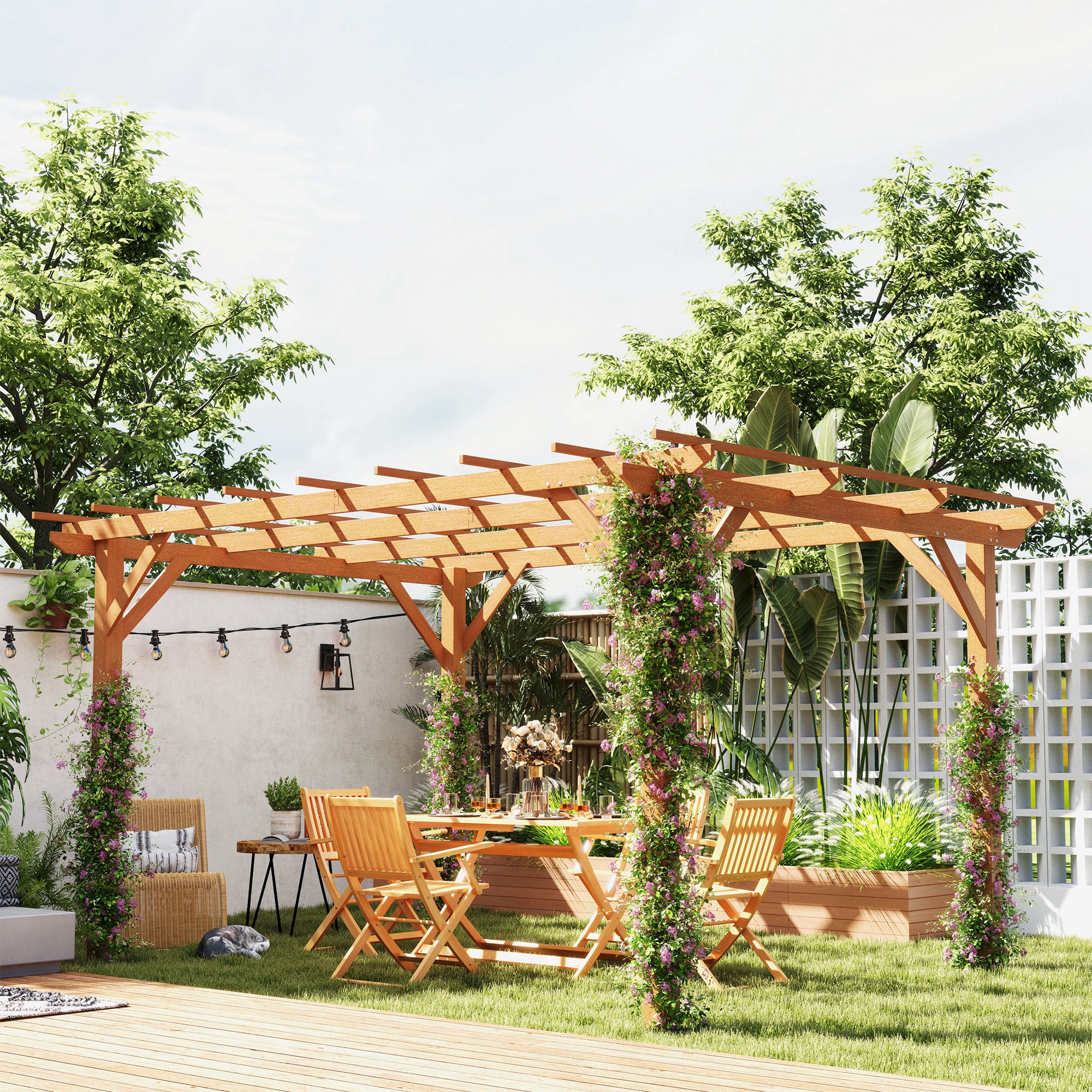 wood trellis patio Outsunny 10' x 13' Wood Pergola, Outdoor Gazebo Grape Trellis with Stable Structure for Climbing Plant Support, Dark Brown