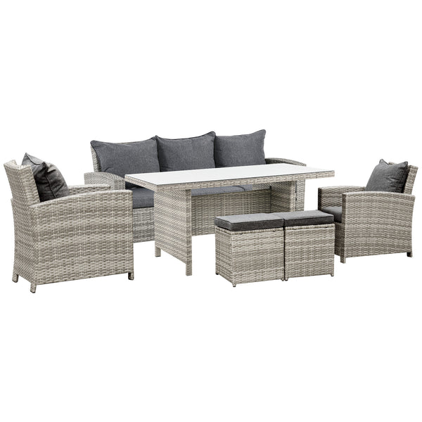 6 Pieces Wicker Patio Furniture Set with Cushions, Rattan Outdoor Furniture Set with 3 Seater Sofa, Armchairs, Footstools and Dining Table for Backyard Pool, Light Grey