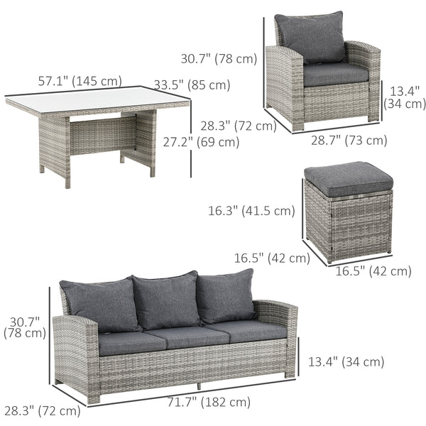 6 Pieces Wicker Patio Furniture Set with Cushions, Rattan Outdoor Furniture Set with 3 Seater Sofa, Armchairs, Footstools and Dining Table for Backyard Pool, Light Grey