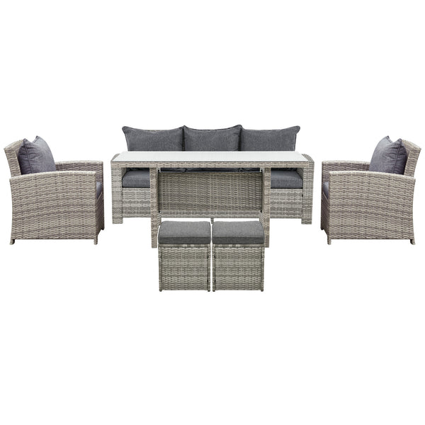 6 Pieces Wicker Patio Furniture Set with Cushions, Rattan Outdoor Furniture Set with 3 Seater Sofa, Armchairs, Footstools and Dining Table for Backyard Pool, Light Grey