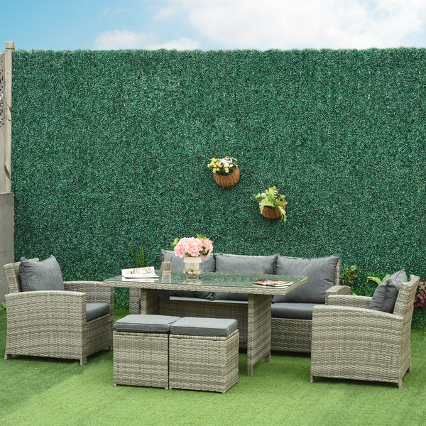 6 Pieces Wicker Patio Furniture Set with Cushions, Rattan Outdoor Furniture Set with 3 Seater Sofa, Armchairs, Footstools and Dining Table for Backyard Pool, Light Grey