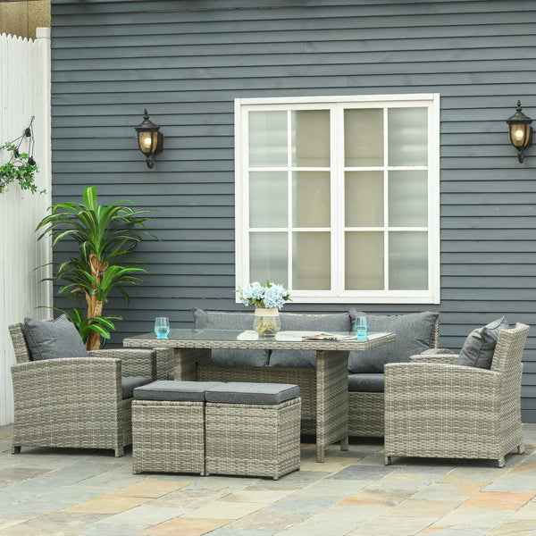 6 Pieces Wicker Patio Furniture Set with Cushions, Rattan Outdoor Furniture Set with 3 Seater Sofa, Armchairs, Footstools and Dining Table for Backyard Pool, Light Grey