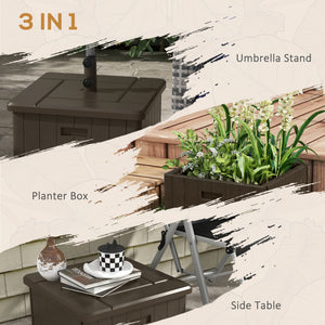 3-in-1 Outdoor Umbrella Base, Coffee End Table, Flower Box Planter with Drain Hole, Fillable Patio Umbrella Stand Table with Wheels and Handles, Brown
