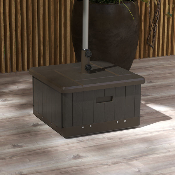 3-in-1 Outdoor Umbrella Base, Coffee End Table, Flower Box Planter with Drain Hole, Fillable Patio Umbrella Stand Table with Wheels and Handles, Brown