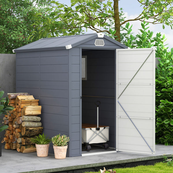 4 x 6ft Plastic Garden Storage Shed with Foundation Kit, Polypropylene Outdoor Storage Tool House with Ventilation Slots and Lockable Door, Grey