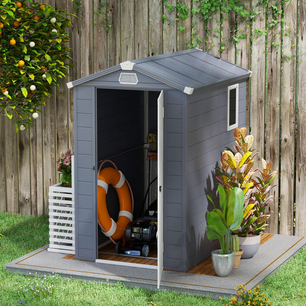4 x 6ft Plastic Garden Storage Shed with Foundation Kit, Polypropylene Outdoor Storage Tool House with Ventilation Slots and Lockable Door, Grey