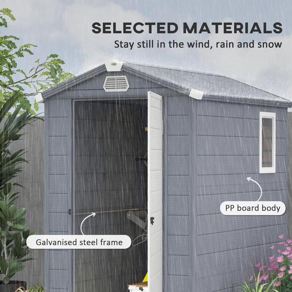 4 x 6ft Plastic Garden Storage Shed with Foundation Kit, Polypropylene Outdoor Storage Tool House with Ventilation Slots and Lockable Door, Grey