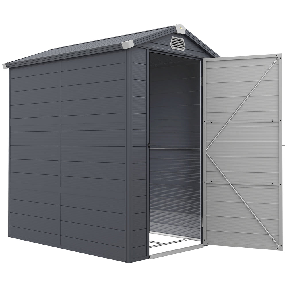 4 x 6ft Plastic Garden Storage Shed with Foundation Kit, Polypropylene Outdoor Storage Tool House with Ventilation Slots and Lockable Door, Grey