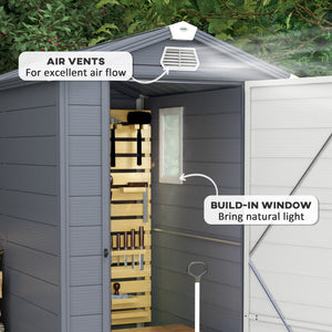 4 x 6ft Plastic Garden Storage Shed with Foundation Kit, Polypropylene Outdoor Storage Tool House with Ventilation Slots and Lockable Door, Grey