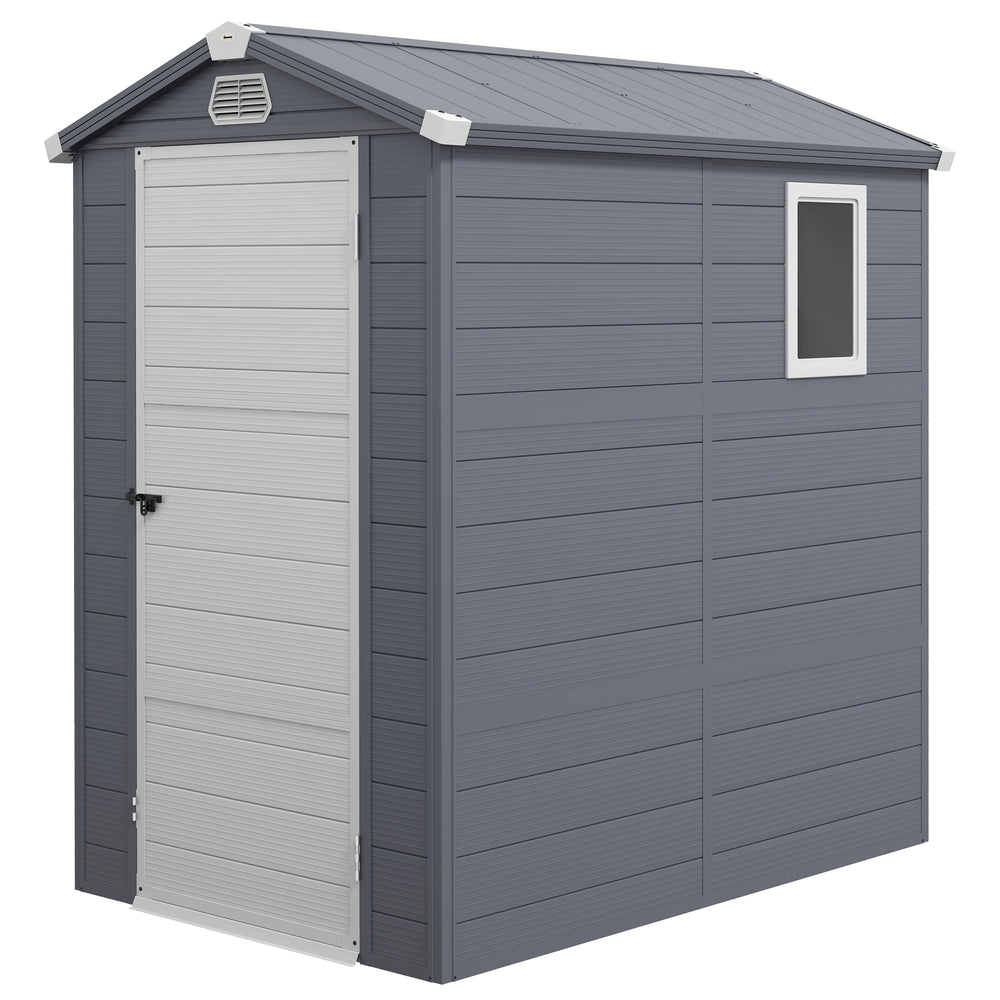 4 x 6ft Plastic Garden Storage Shed with Foundation Kit, Polypropylene Outdoor Storage Tool House with Ventilation Slots and Lockable Door, Grey
