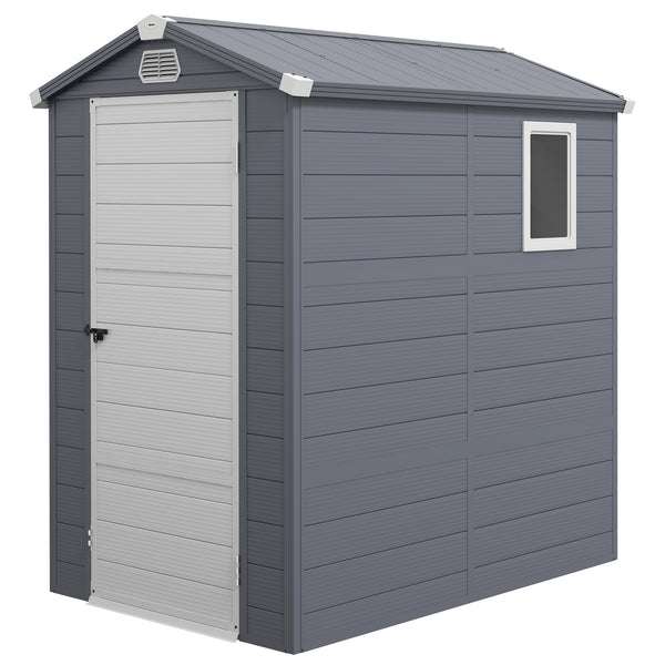 4 x 6ft Plastic Garden Storage Shed with Foundation Kit, Polypropylene Outdoor Storage Tool House with Ventilation Slots and Lockable Door, Grey