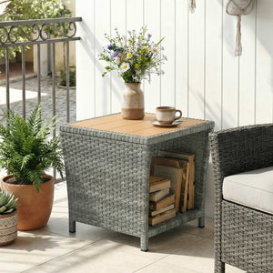 2-Tier PE Rattan Side Table with Storage Shelf, Square Outdoor Coffee Table with PS Wood Slat Top, UV-Resistant for Patio, Garden, Balcony, Light Grey