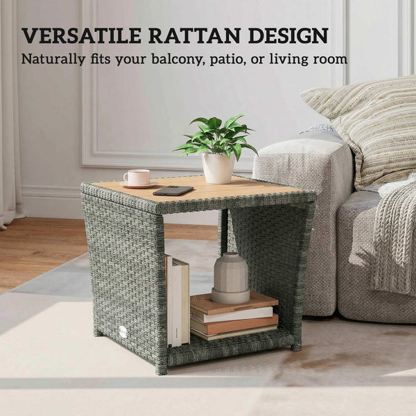 2-Tier PE Rattan Side Table with Storage Shelf, Square Outdoor Coffee Table with PS Wood Slat Top, UV-Resistant for Patio, Garden, Balcony, Light Grey