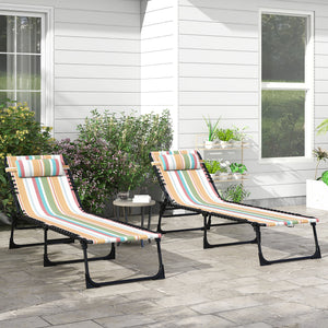 Folding Chaise Lounge Chair Set of 2, Patio Sun Tanning Chair, Outdoor Chaise Lounger with 4-Position Reclining Back, Breathable Mesh Seat for Beach, Poolside, Rainbow Striped