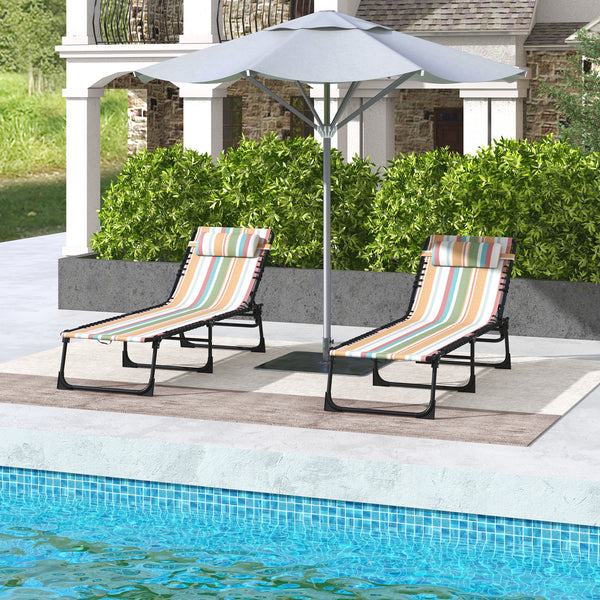 Folding Chaise Lounge Chair Set of 2, Patio Sun Tanning Chair, Outdoor Chaise Lounger with 4-Position Reclining Back, Breathable Mesh Seat for Beach, Poolside, Rainbow Striped