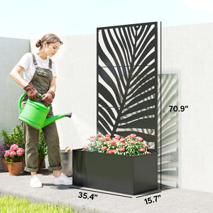 Metal Planter Box with Trellis, 71" Tall Raised Garden Bed with Trellis Privacy Screen for Climbing Plants, Large Leaf Cut-Out Privacy Planter for Garden, Patio, Balcony